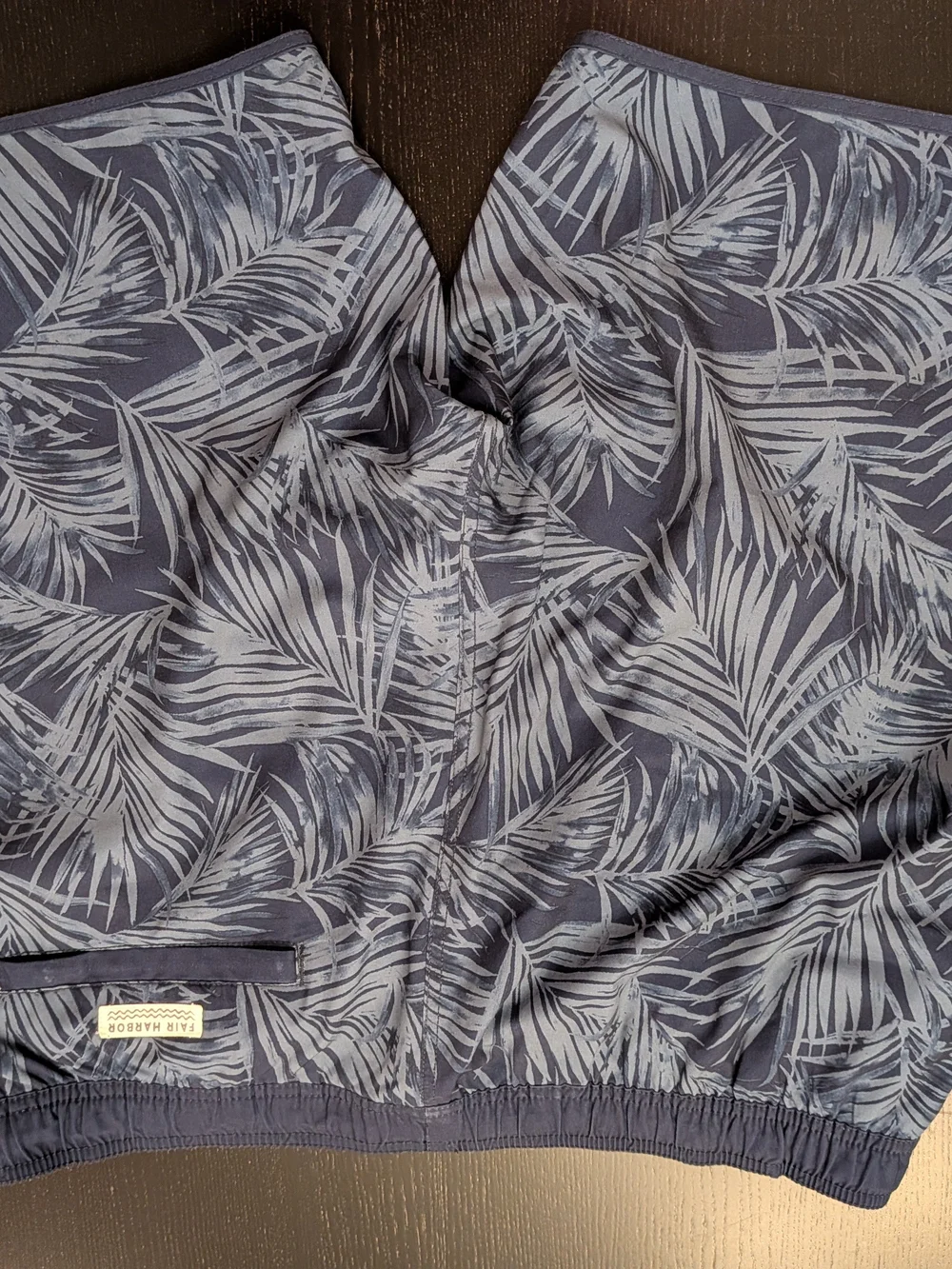 Fair Harbor Navy Palm-Print Swim Trunks with Light Blue Leaf Pattern